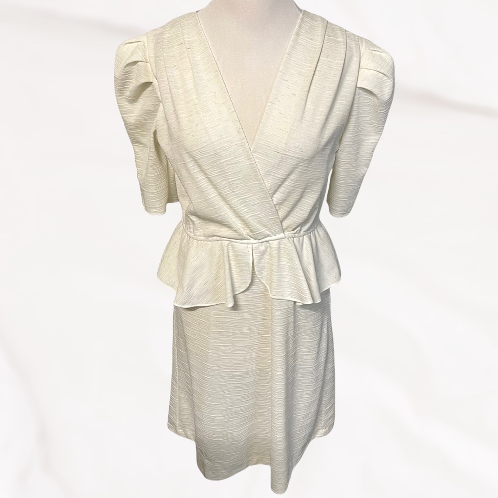 Vintage 1970s Joni Blair White/Cream Peplum Dress Flax Blend Deep V Neck Size SM